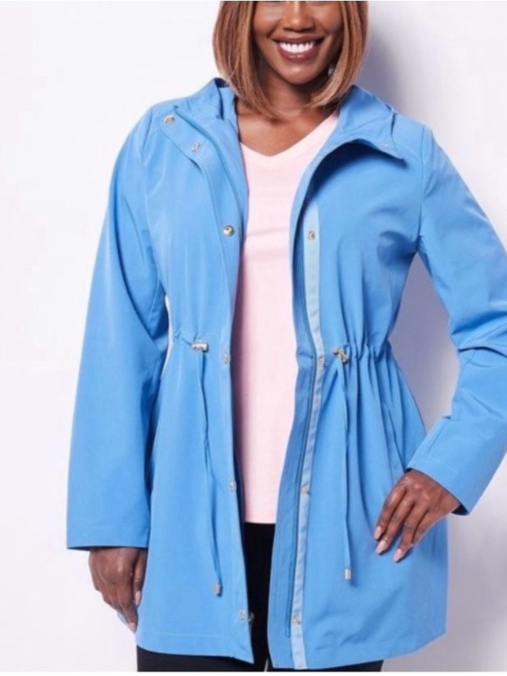Women’s Light Blue Utility Anorak rain Jacket with Drawcord Waist